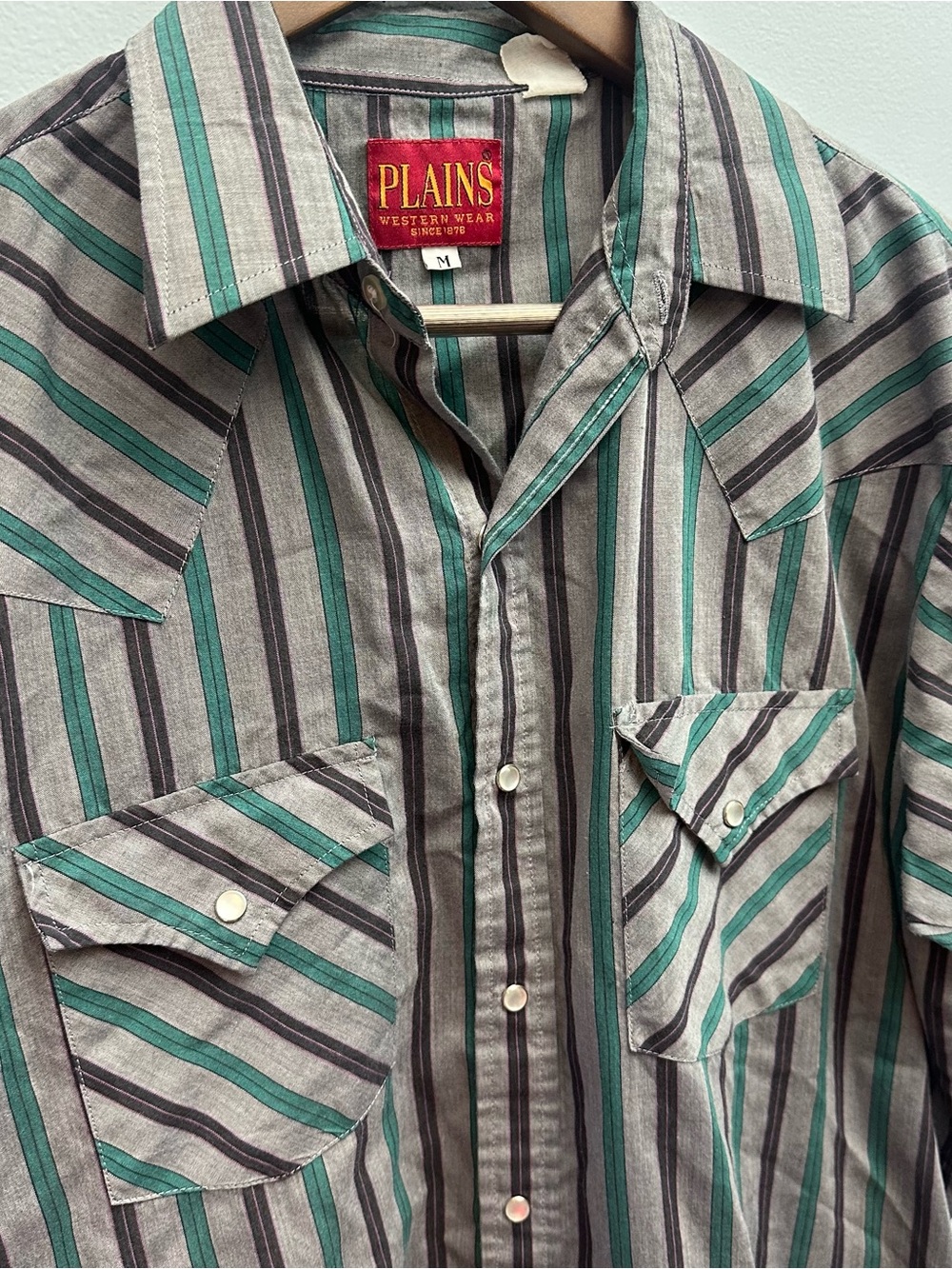 Vintage Plains Western Wear Gray Green Striped Short Sleeve Pearlsnap Shirt M